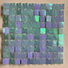 A grid of iridescent teal and purple sequin shimmer wall panels.