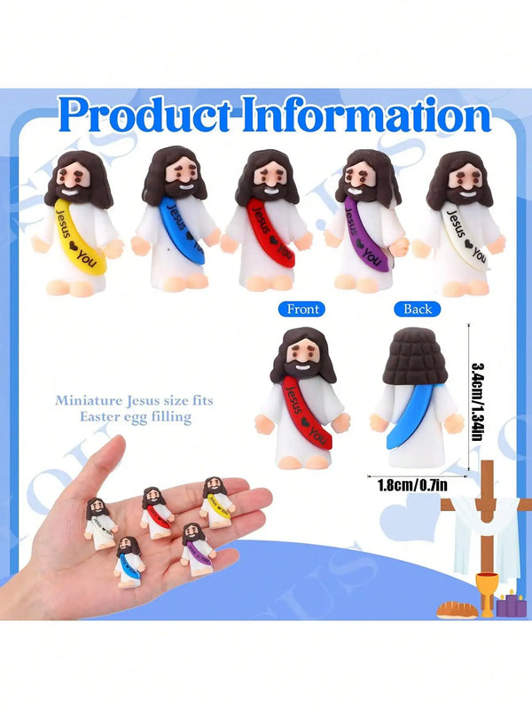 Set of miniature Jesus figurines in white and black with blue accents shown from the front and back views
