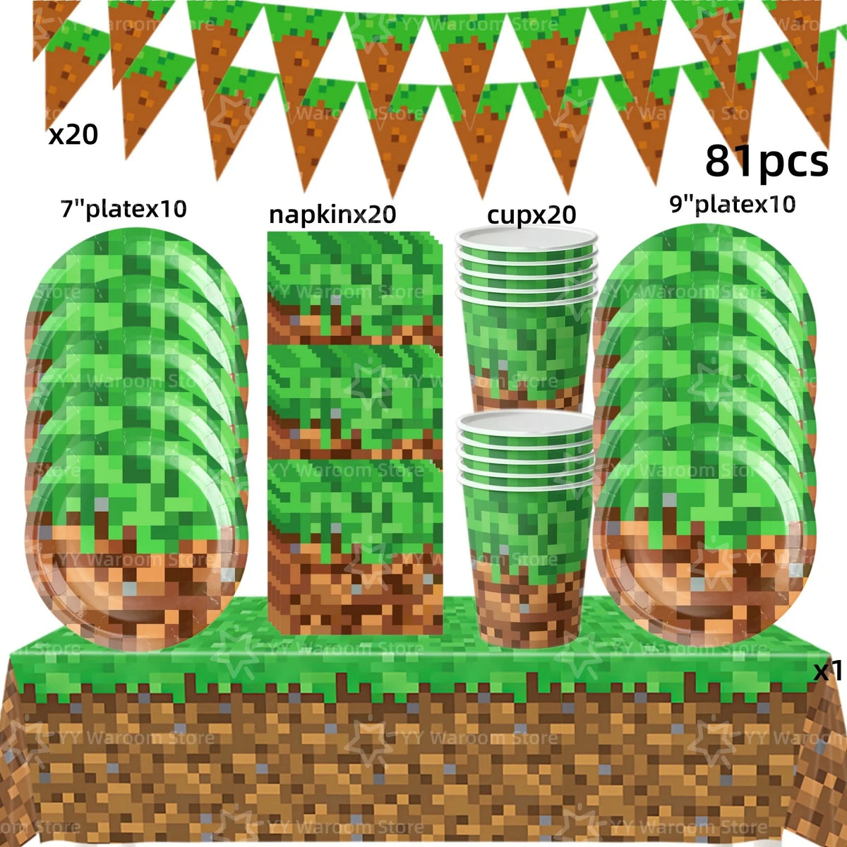 A set of green miner theme party decorations including triangular flags, plates, napkins, and cups.