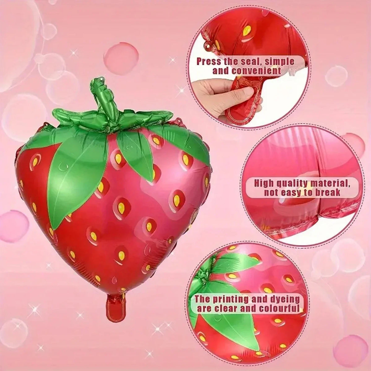 A set of six red strawberry foil balloons with green leaves, showing how to press the seal and highlighting the clear printin