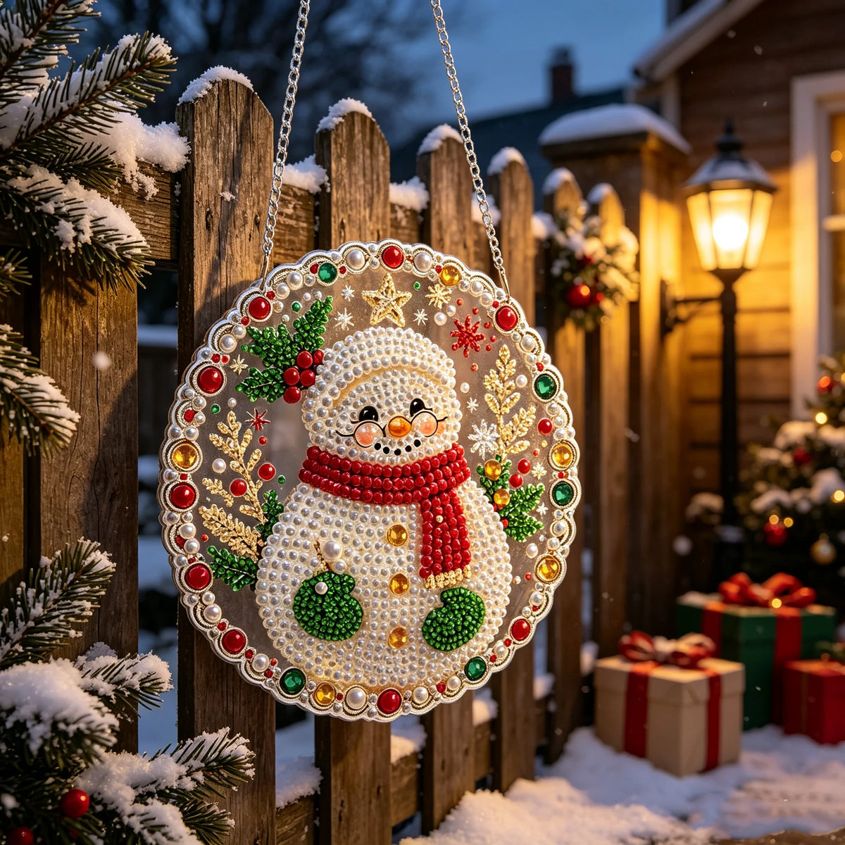 A round pearl diamond painting ornament featuring a white snowman with a red scarf and green accents, hanging on a wooden fen