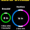 Image showing glow sticks used to create bracelets and necklaces, with specifications for 8-inch and 16-inch options.