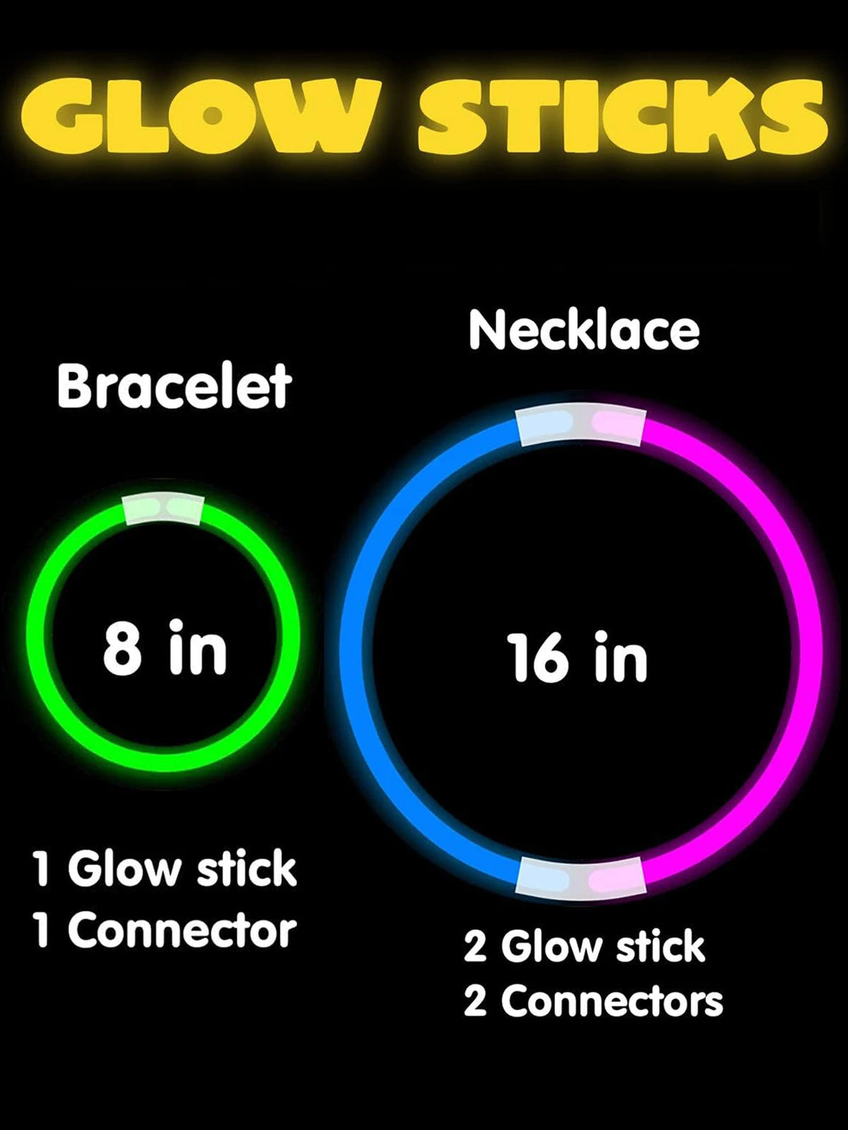 Image showing glow sticks used to create bracelets and necklaces, with specifications for 8-inch and 16-inch options.