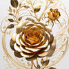 Arte floral en tono dorado con una rosa detallada rodeada de delicadas vides y hojas doradas.