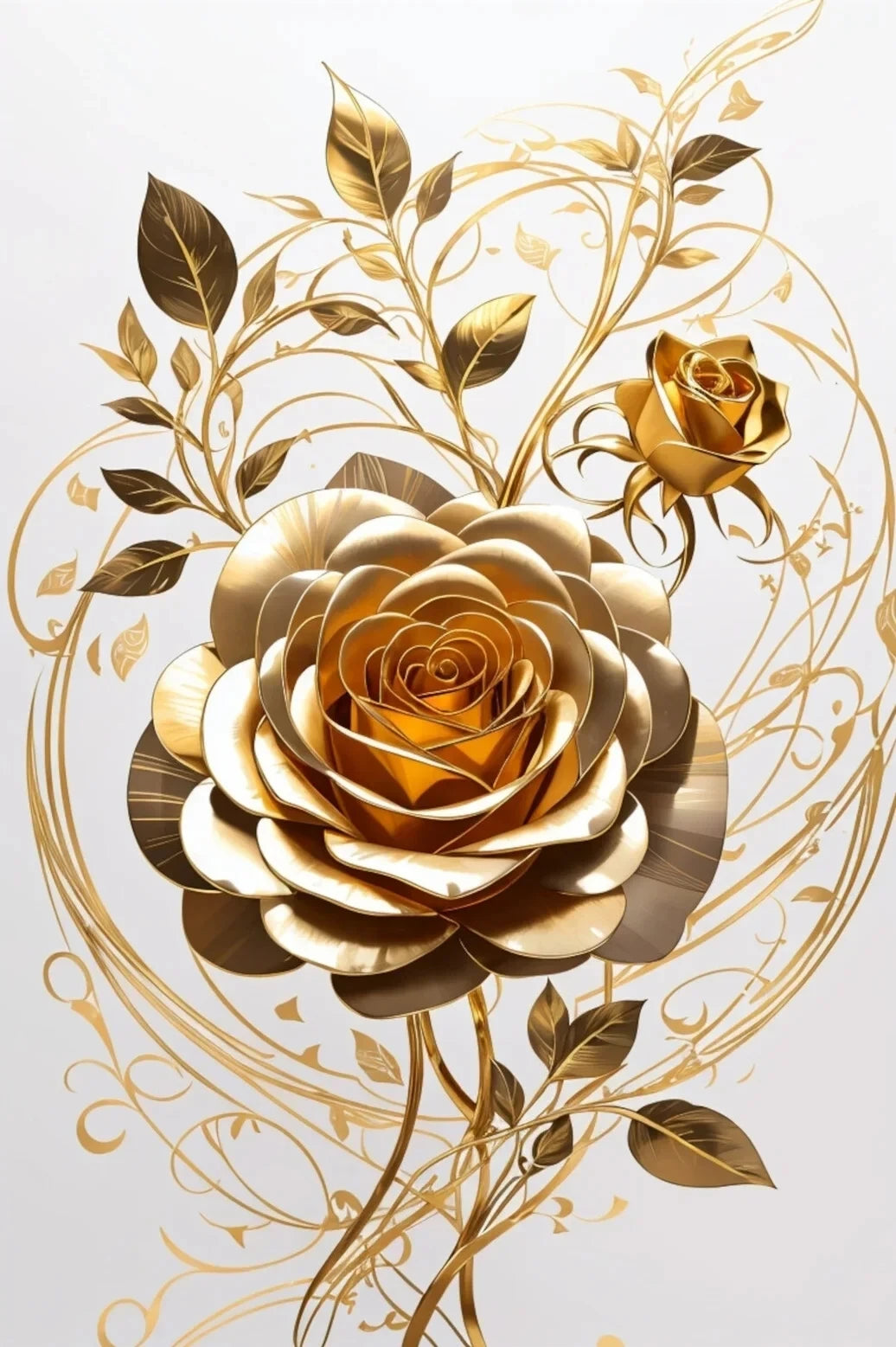 Arte floral en tono dorado con una rosa detallada rodeada de delicadas vides y hojas doradas.