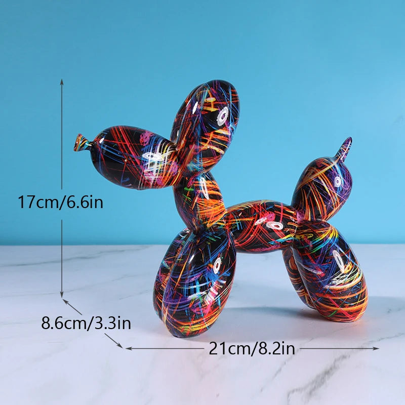 A glossy, multicolored resin sculpture shaped like a dog, displayed on a white marble surface.
