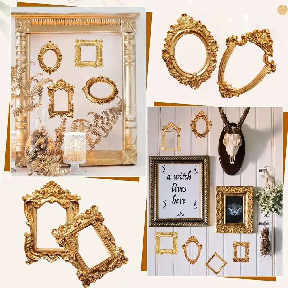 A collection of vintage gold DIY shadow box frames and decorative gold frames displayed on a white wooden background.