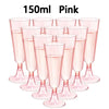 A set of 10 pink disposable champagne glasses displayed on a white background.