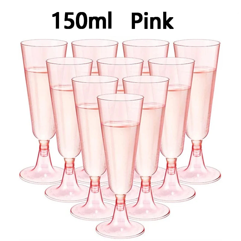 A set of 10 pink disposable champagne glasses displayed on a white background.