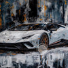 A white sports car is depicted in a vintage oil painting style on canvas, reflected in a dark surface.
