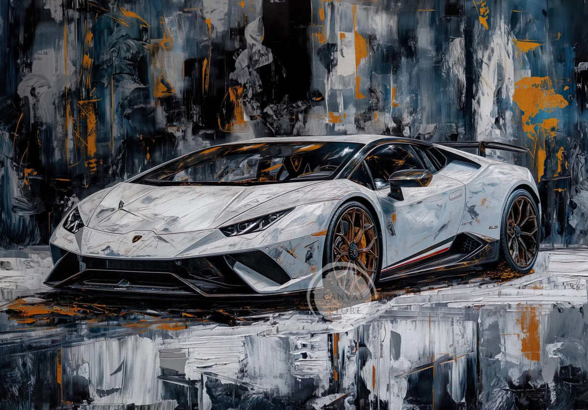 A white sports car is depicted in a vintage oil painting style on canvas, reflected in a dark surface.