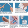 Step-by-step instructions showing how to assemble a balloon arch stand using a tube and balloons.