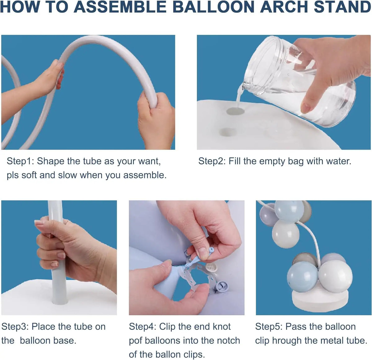 Step-by-step instructions showing how to assemble a balloon arch stand using a tube and balloons.