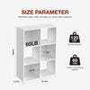 A white wooden storage organizer bookcase with six open shelves showing various load capacities.