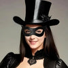 A woman wearing a black top hat and a black cat eye masquerade mask with long dark hair.