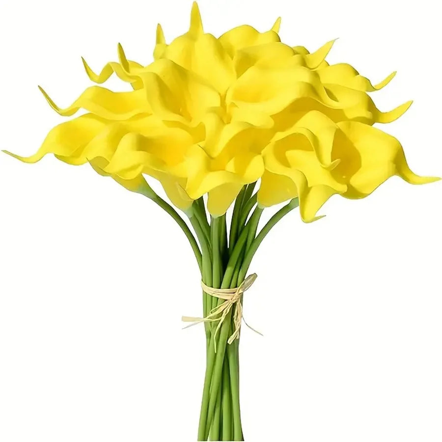 A bouquet of five bright yellow calla lily flowers on a green stem.
