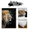 A close-up painting of a lion's head on canvas with details of amplification and fabric back visible.