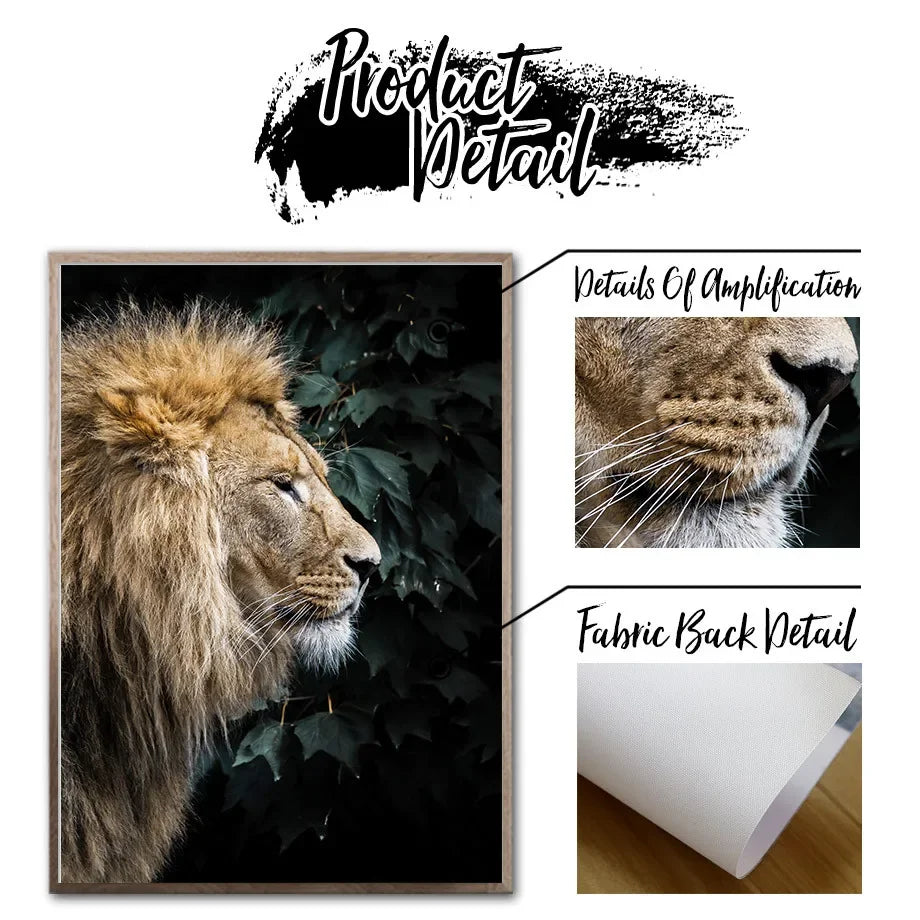A close-up painting of a lion's head on canvas with details of amplification and fabric back visible.