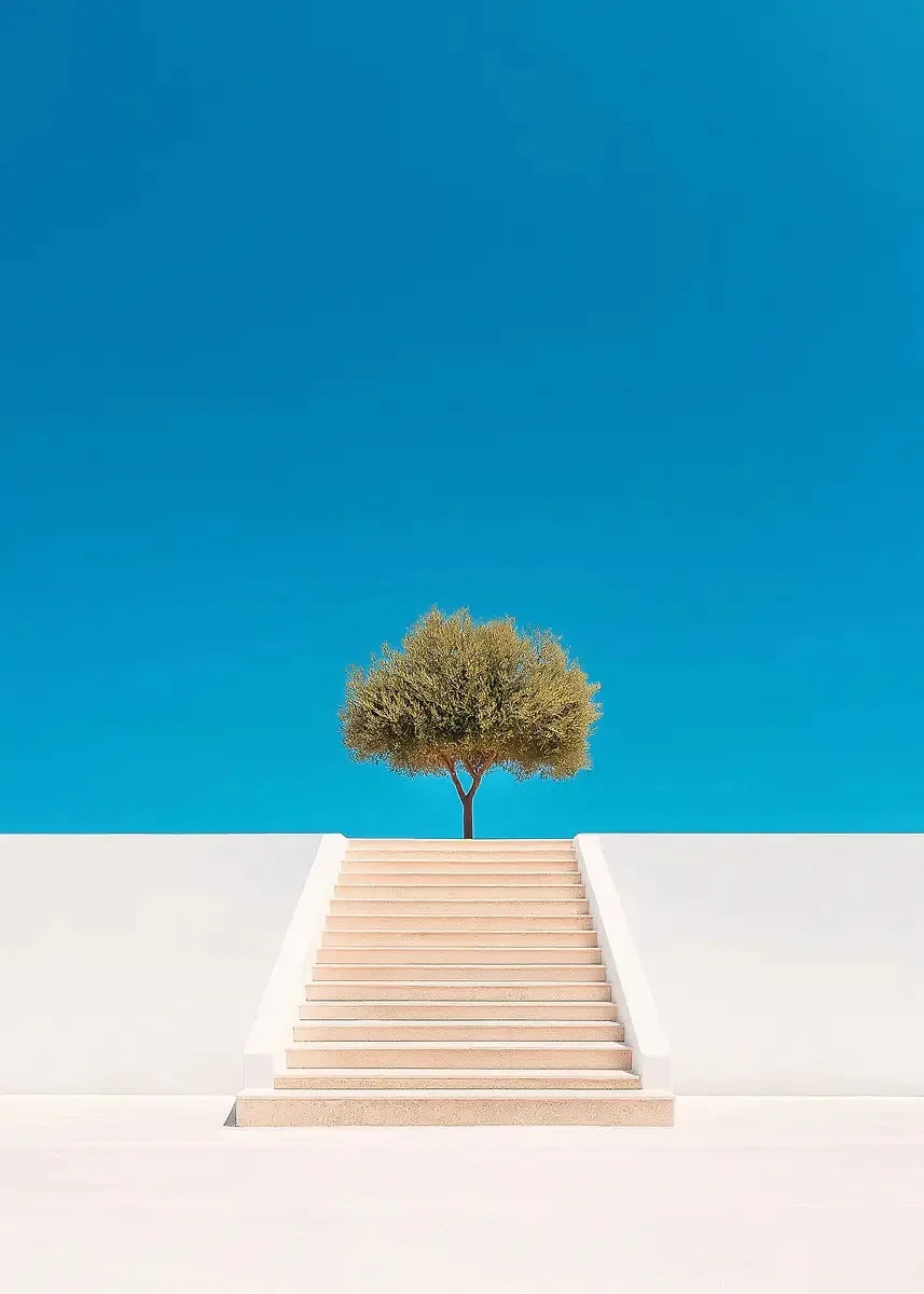 A minimalist wooden staircase leading to a single green tree against a clear blue sky.