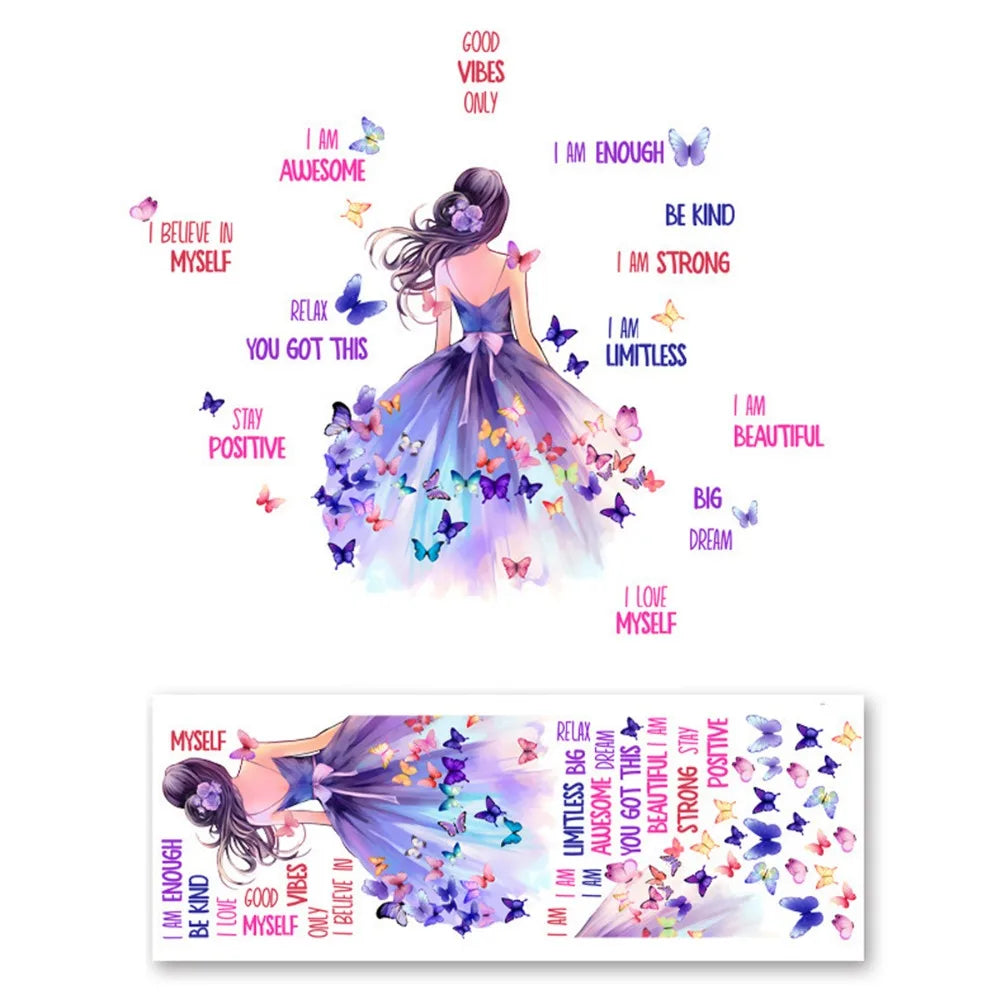 A colorful illustration of butterfly and flower wall decals with positive affirmations like I am strong and I love myself.