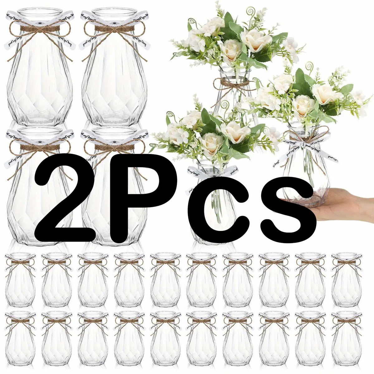 Two clear faceted diamond crystal plastic vases with floral arrangements.