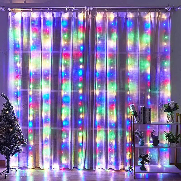 Purple and green LED curtain lights illuminating a window or backdrop.