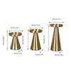 A set of three elegant gold metal candle holders with varying heights and tapered designs.
