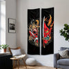 Vertical tapestry featuring a red and black Japanese Oni demon samurai sword design on a black background