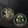 A circular coin featuring a skull and ribs design with text about getting tips in the pub