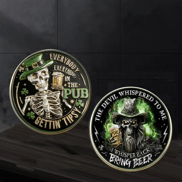 A circular coin featuring a skull and ribs design with text about getting tips in the pub
