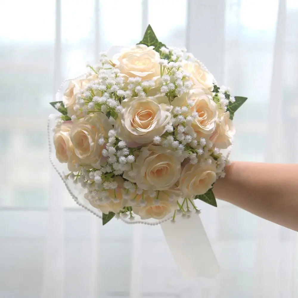 Elegant Silk Rose Bridal Bouquet with Baby's Breath