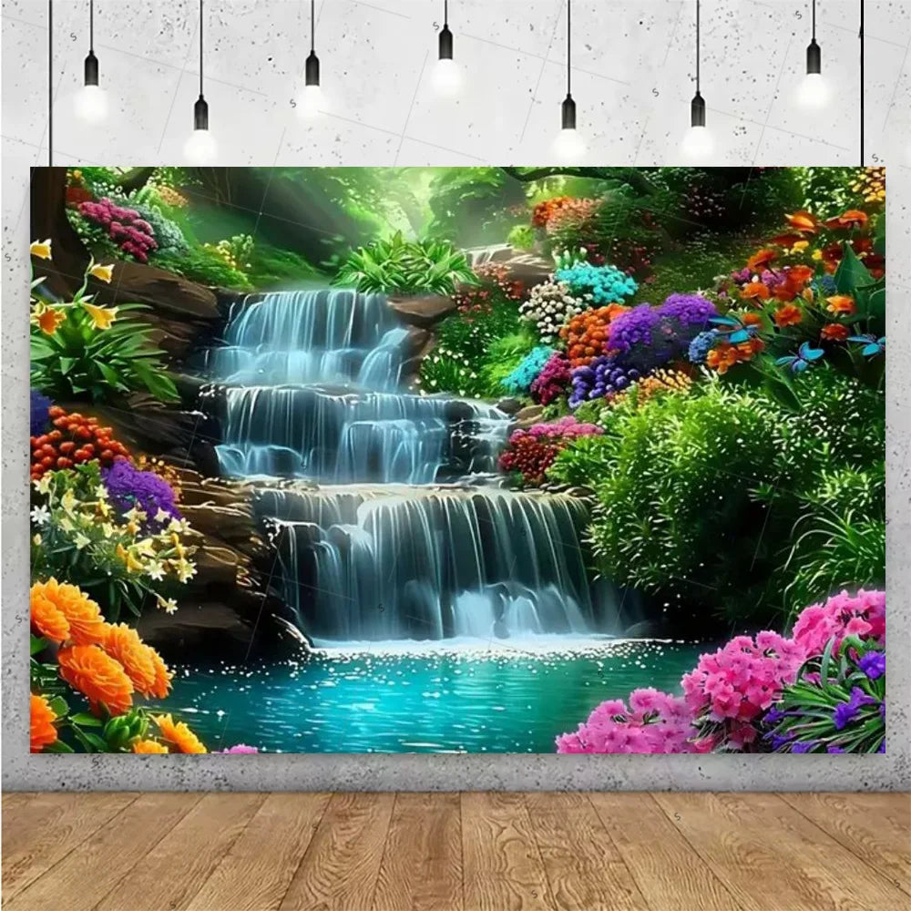 Forest Waterfall Wonderland Photography Backdrop