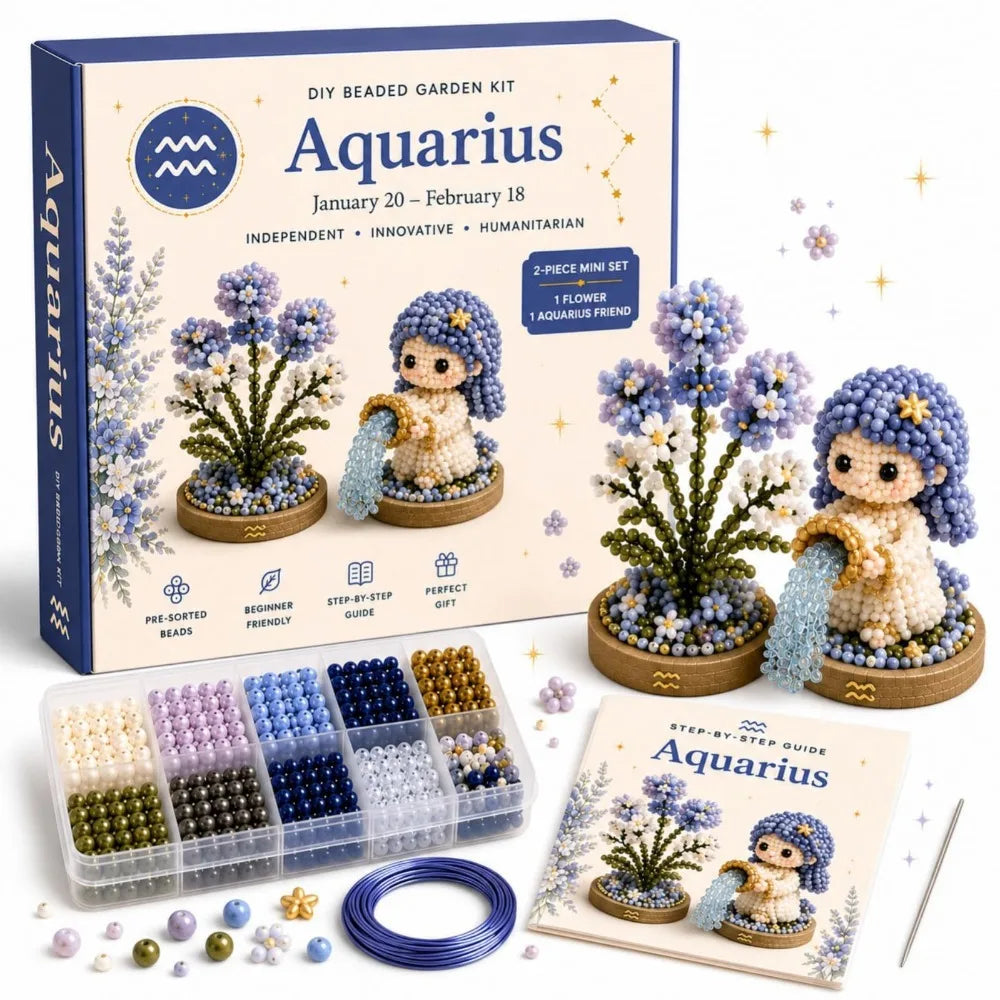 A box set of Aquarius DIY beaded garden kit with beads, a guide, and finished craft items.