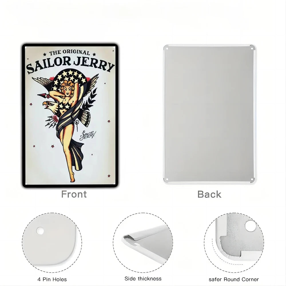 Front and back views of a vintage beer metal tin sign featuring a sailor jerry illustration and details about its constructio