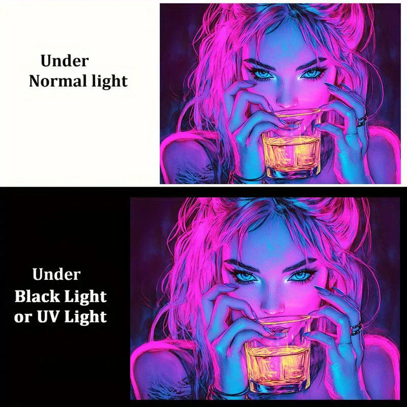 Nahaufnahme einer Frau mit neonpinkem und blauem Haar, beleuchtet durch normales Licht, im Kontrast zu einem Bild unter b