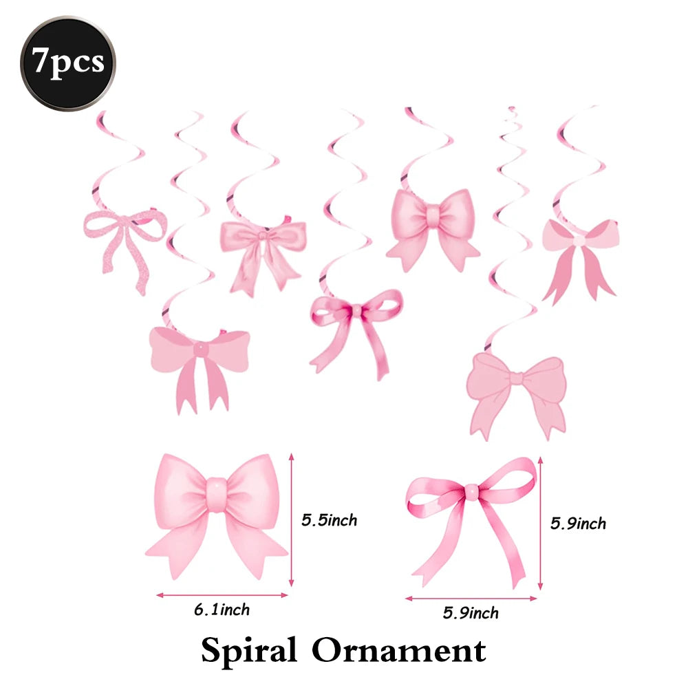 Seven pieces of glitter pink spiral ornament bows for a birthday banner