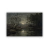 Peinture de paysage sombre avec un arbre nu, une forêt dense et de l'eau réfléchissante sous un ciel sourd.