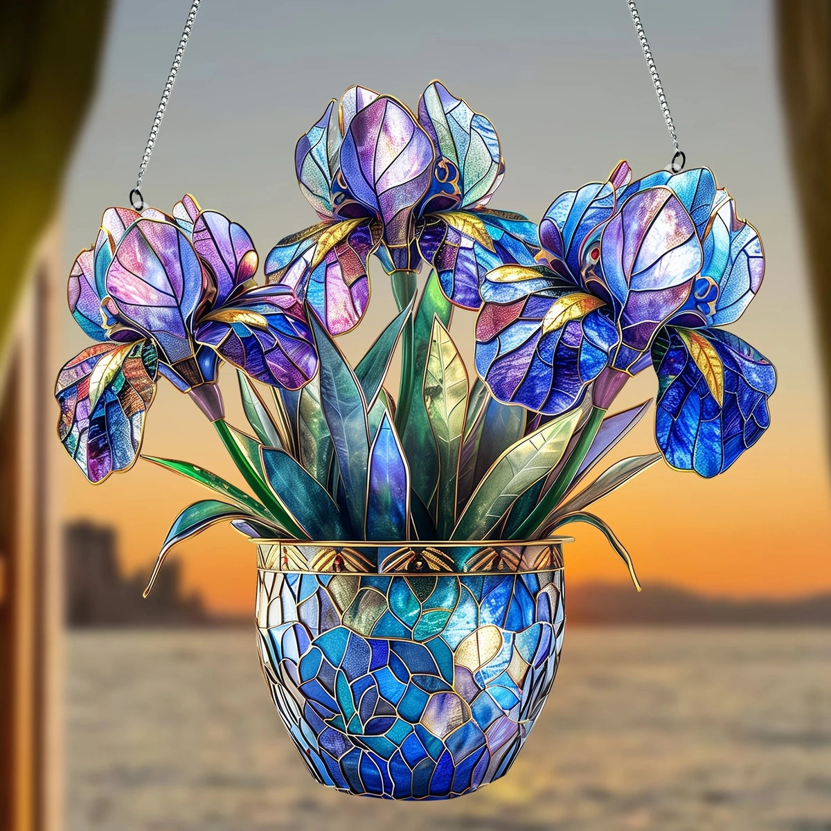 A vibrant acrylic floral pendant featuring purple and blue flowers suspended by a chain.