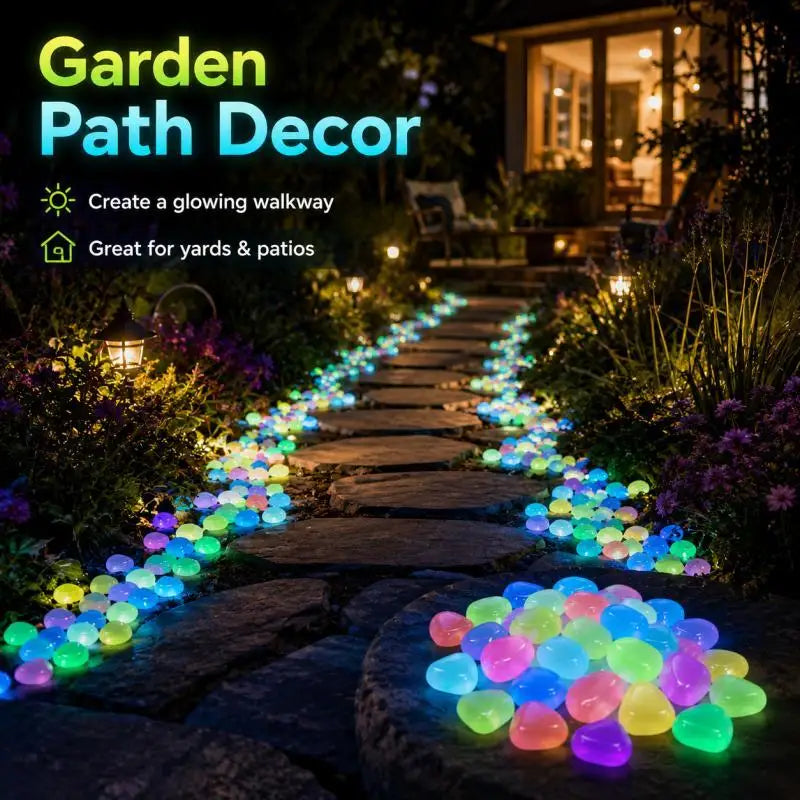 A glowing pathway made of luminous, glow-in-the-dark pebbles illuminates a garden path at night.
