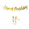 Gold script banner spelling Happy Birthday strung across a white background