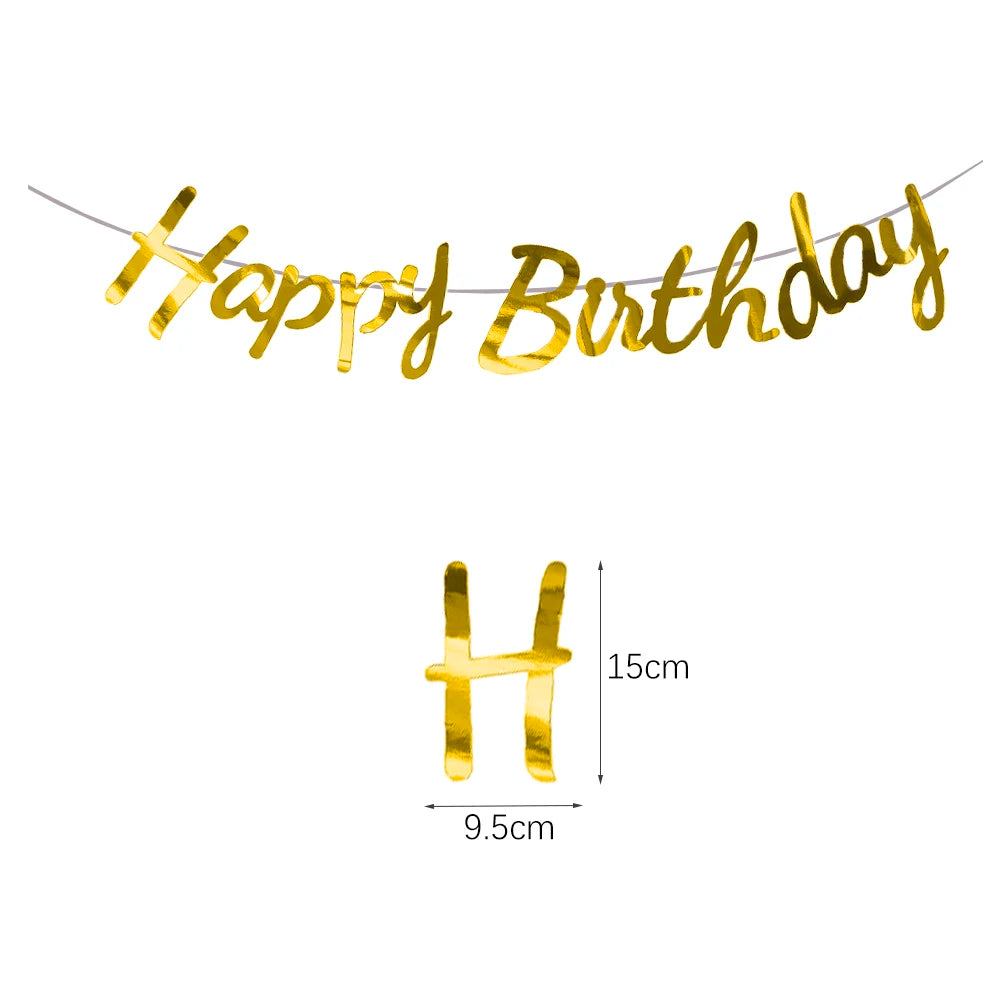 Gold script banner spelling Happy Birthday strung across a white background