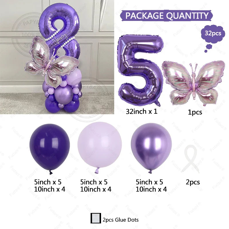 Globos de números morados y de mariposa en varios tamaños para fiestas