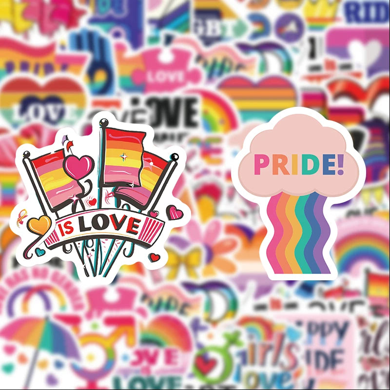 A colorful sticker pack featuring rainbow and pride themed graffiti designs on a white background.