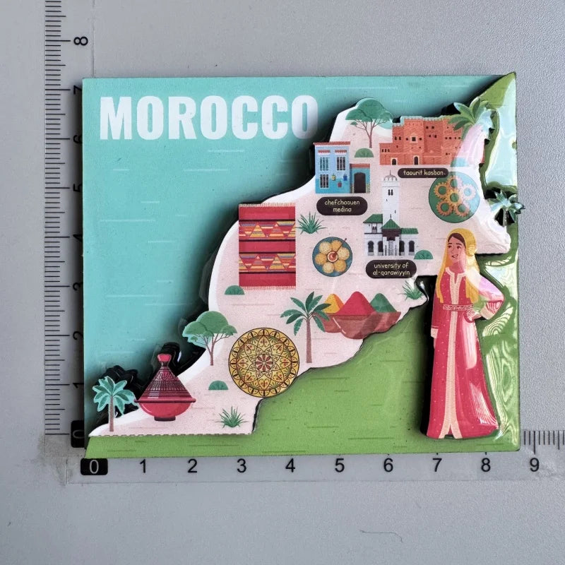 A collection of wooden fridge magnets depicting Moroccan landmarks, including architecture and a figure in traditional dress.
