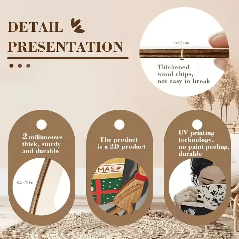 Detail presentation of a wooden item, showing thickness and UV printing technology.
