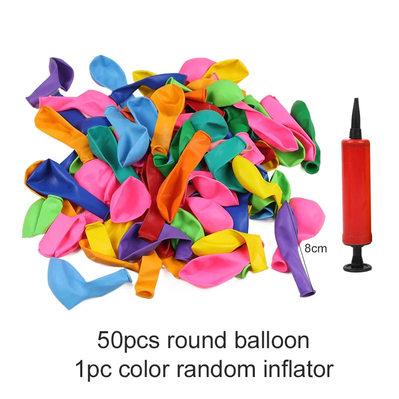 A pile of 50 round latex balloons in various colors, ready for inflation.