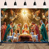 A tapestry depicting the Nativity scene with angels surrounding a baby in a manger.