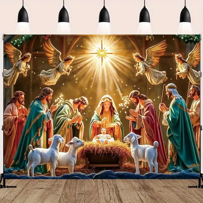 A tapestry depicting the Nativity scene with angels surrounding a baby in a manger.