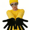 A person wearing a yellow sweater, black gloves, and round glasses with a spiky hat for a costume.