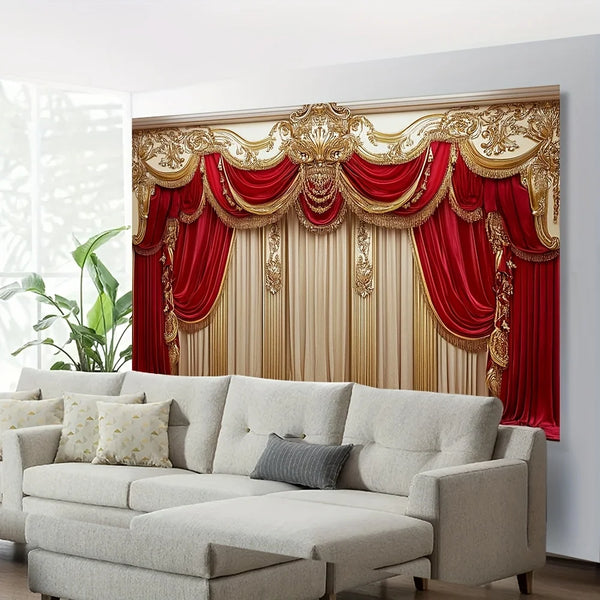 Elegant red and gold party banner with fan-shaped edges featuring draped fabric and ornate detailing.